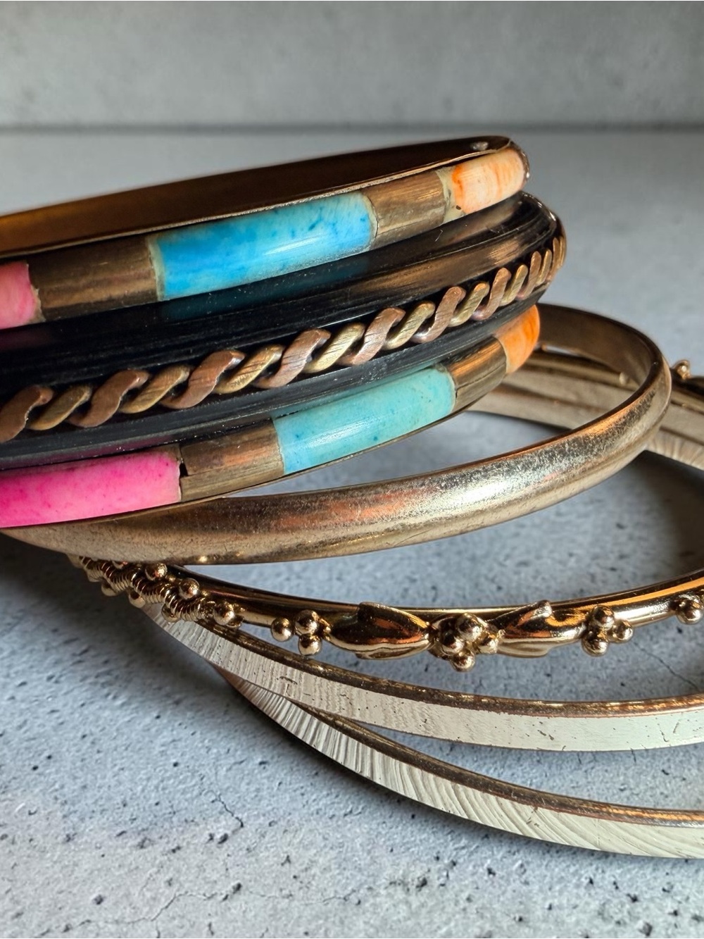 Mixed Gold-Tone and Color Inlay Bangle Stack
